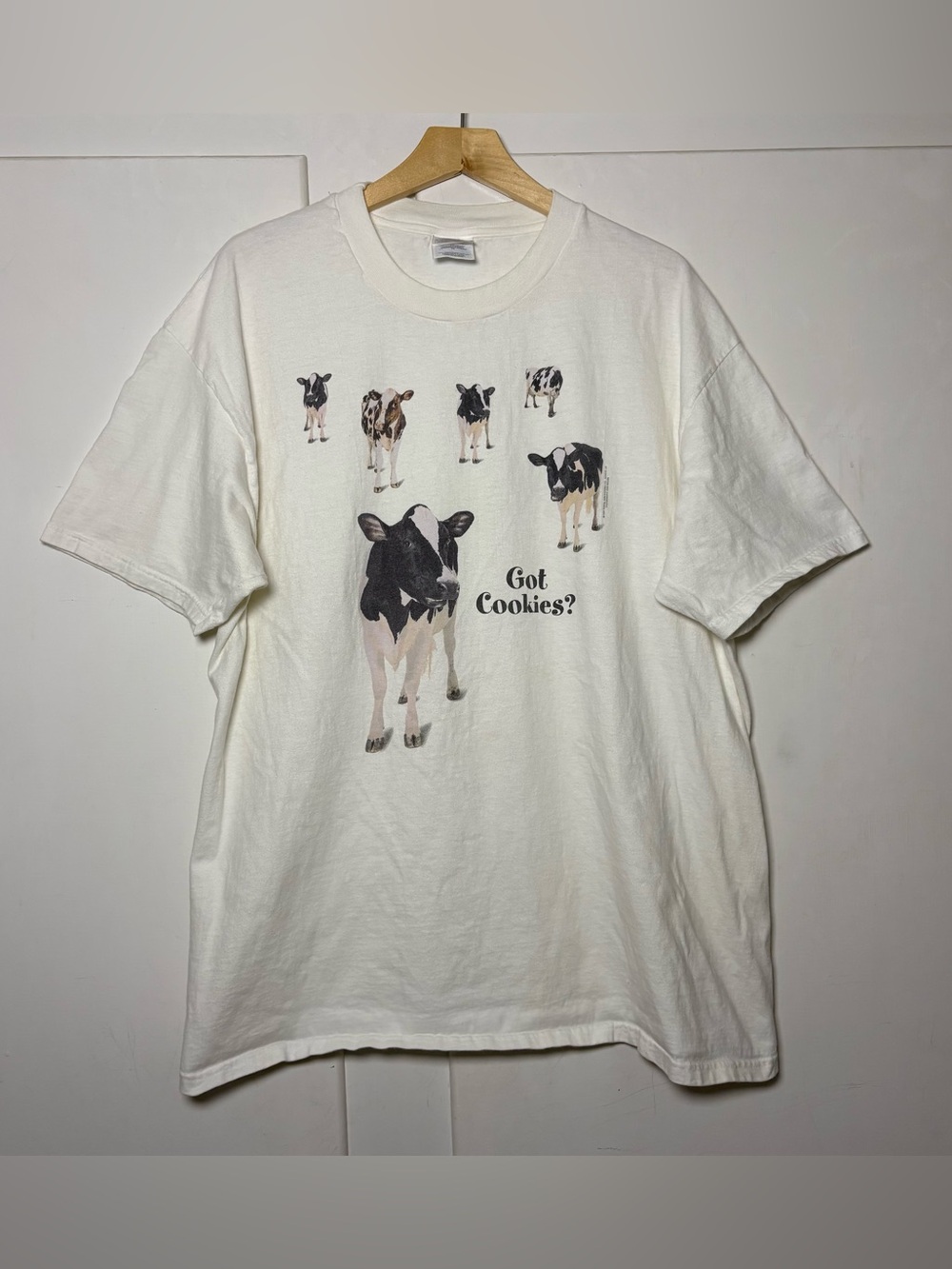 Vintage 90s Cow Got Cookies? Parody White Graphic T Shirt